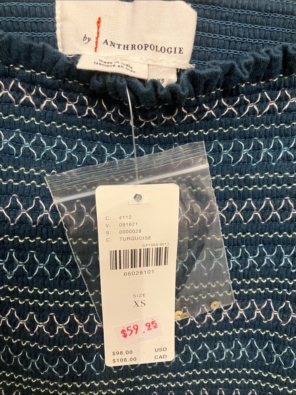Anthropologie Teal Blue Embroidered Puff-Sleeve Crop Top - Picture 2 of 6